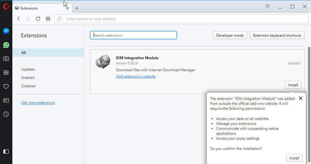 Install IDM extension in Opera